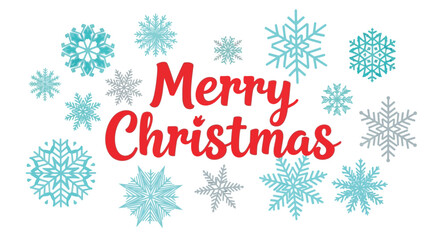 Festive merry christmas greeting with a beautiful arrangement of delicate blue and white snowflakes on a clean white background