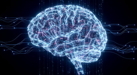 AI digital brain neural network artificial intelligence machine learning data processing technology futuristic visualization blue circuit patterns