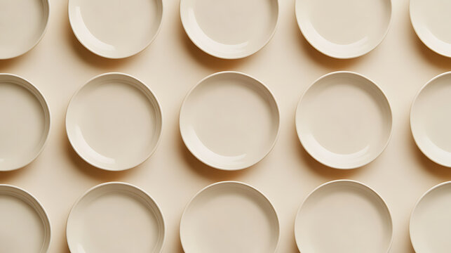 Neutral palette arrangement: minimalist beige plates elegantly positioned on a matching creamy surface, creating a clean and cohesive display. Soft shadows add depth to each.