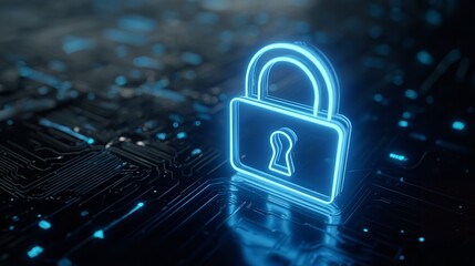 Futuristic Blue Padlock Illuminates Computer Circuitry Background for Digital Data Security.