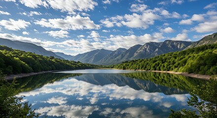 Serene Mountain Lake Reflecting Dramatic Clouds and Lush Greenery.