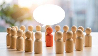 Wooden figurines in semicircle around central speaker with speech bubble on blue background.