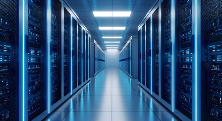 Data center server room cloud computing infrastructure technology blue LED lighting network hardware big data storage modern facility corridor