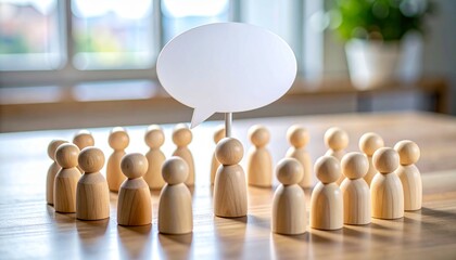 Wooden figurines in semicircle around central speaker with speech bubble on blue background.
