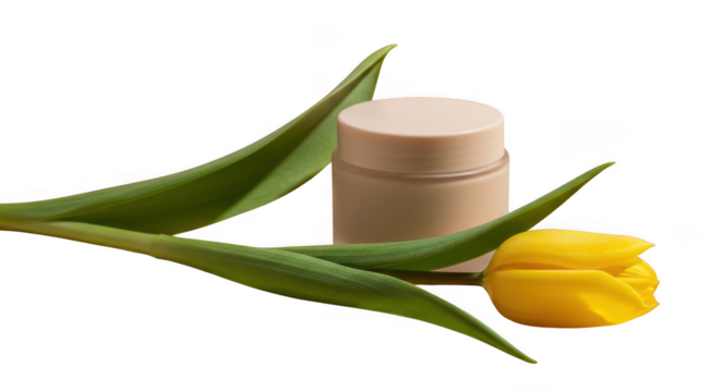 Small cream jar with green leaf and yellow tulip isolated on transparent background - Powered by Adobe