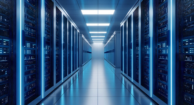 Data center server room cloud computing infrastructure technology blue LED lighting network hardware big data storage modern facility corridor - Powered by Adobe