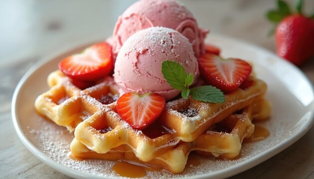 Golden Belgian waffles topped with two scoops of pink strawberry ice cream. Fresh red strawberries, mint leaf garnish sweet dessert. Syrup drizzles over powdered sugar on stack, creating delicious