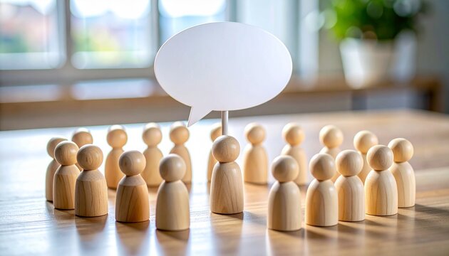 Wooden figurines in semicircle around central speaker with speech bubble on blue background.