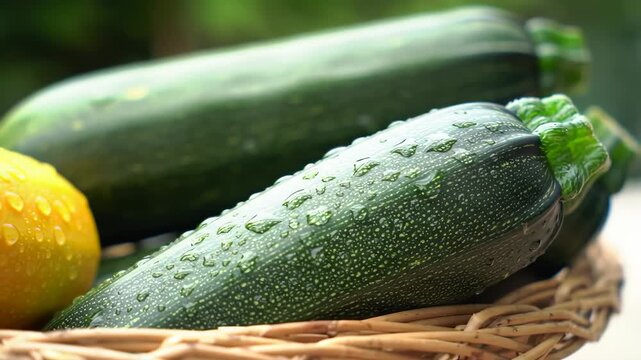 Fresh zucchini and squash in a basket with droplets, bokeh background, ideal for recipes