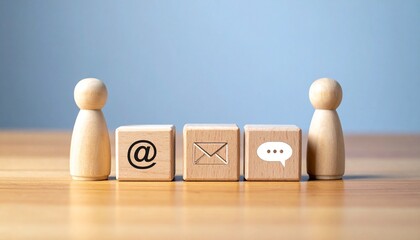 Two wooden figurines with communication blocks—@, envelope, chat bubble—on wooden surface with gradient blue background.