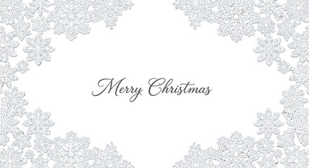 Elegant white snowflake border frames the words merry christmas on a clean white background