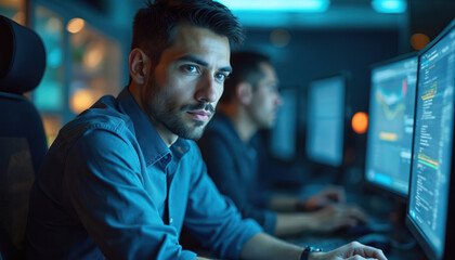 Young man works on computer in high-tech security operations center. Male expert monitors multiple screens displaying data and graphs. Colleague works behind him in blurred background.