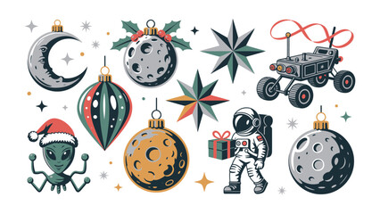 Christmas Ornaments In Space: A whimsical collection of Christmas ornaments, including festive moons, stars, and an alien, decorated with a space rover and an astronaut.