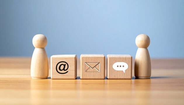 Two wooden figurines with communication blocks—@, envelope, chat bubble—on wooden surface with gradient blue background. - Powered by Adobe