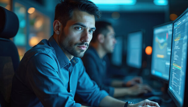 Young man works on computer in high-tech security operations center. Male expert monitors multiple screens displaying data and graphs. Colleague works behind him in blurred background.