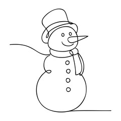 Logo snowman. Muñeco de nieve sonriente con sombrero, foulard y nariz de zanahoria con línea continua para tarjetas y felicitaciones de Navidad