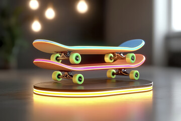 Vibrant display of neon skateboards stacked on stylish wooden base, showcasing modern design and playful colors