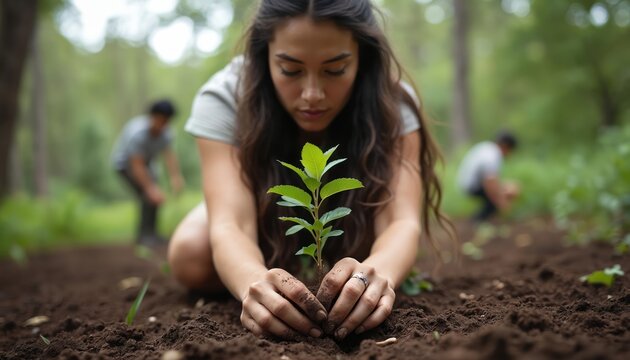 Woman plants small tree in soil. She carefully holds plant while working in garden. Two other people do gardening in background. Focus is on person and plant.
