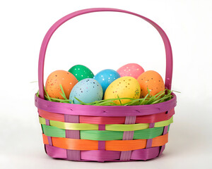 Colorful easter eggs in basket on white clean background