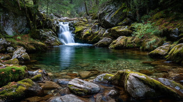 A scenic view of a small waterfall flowing into a clear forest pool area