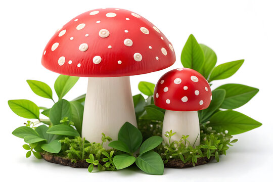 Two red toadstools with white spots on white clean background