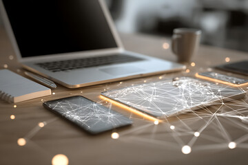 Seamless digital connection flows across modern devices on a desk, symbolizing global network and data transfer for innovative business growth.