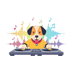 Playful dog DJ spinning beats with vibrant sound waves and musical notes, creating an energetic party atmosphere for any celebration