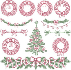 Create A Vintage hand drawn Christmas borders and decorations. Xmas tree in bows, holiday wreath. Frames with branches Xmas tree, ribbons, garlands. Line art in pink and green for poster, card, 