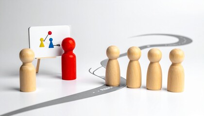 Obraz premium Red presenter figure showing data chart to wooden audience on learning path.
