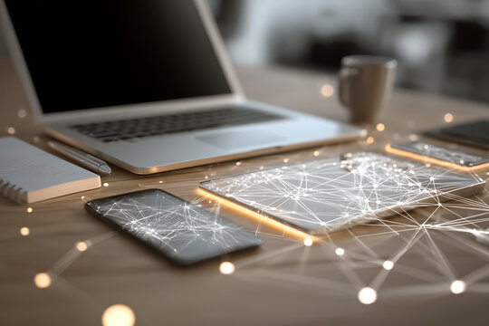 Seamless digital connection flows across modern devices on a desk, symbolizing global network and data transfer for innovative business growth.
