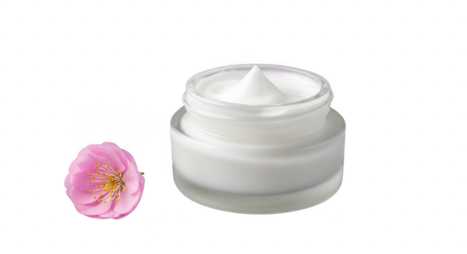 Open jar of beauty cream with pink flower beside it isolated on transparent background