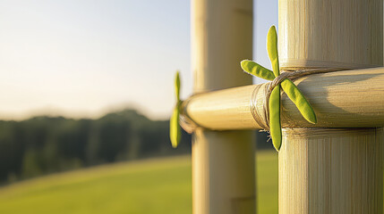 DIY trellis made from bamboo with green leaves, showcasing craftsmanship and nature beauty in serene landscape