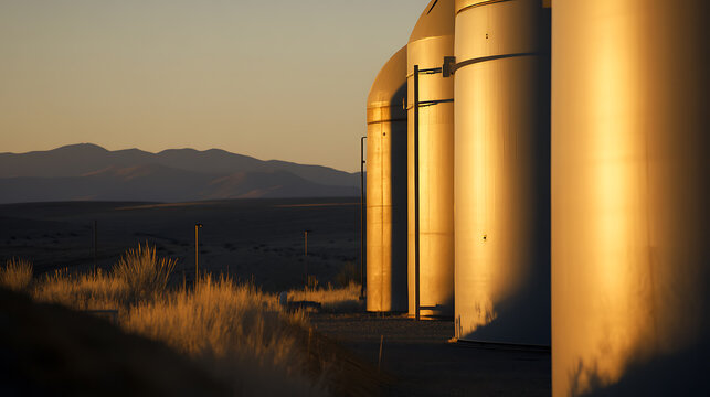 A row of vertical structures in a golden landscape. The silos stand tall with mountain silhouettes in the background, capturing a serene moment with warm tones dominating the scene.