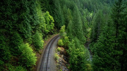 Serene Train Tracks Curving Through Lush Green Forest Landscape Surrounded by Towering Trees and Mountain Scenery in Nature's Tranquility