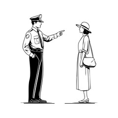 A police officer giving directions to a woman in a dress and hat, symbolizing law enforcement guidance and city navigation assistance.