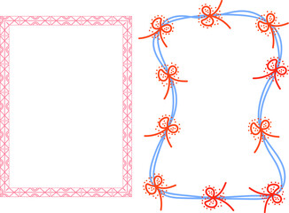 Set of decorative frame border designs — pink geometric frame and red blue ribbon floral border vector isolated on white background