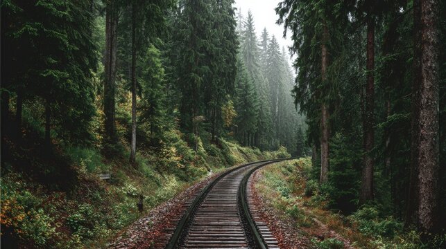 Serene Forest Landscape with Curved Railway Tracks Surrounded by Lush Pine Trees and Overgrown Vegetation on a Misty Day - Powered by Adobe