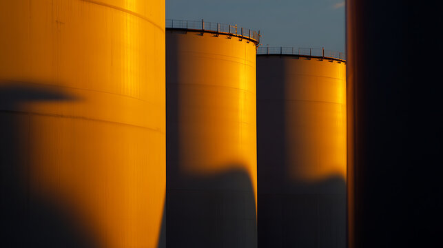Storage tanks glow under a vibrant sunset, casting dramatic shadows. The industrial landscape merges with nature's artistry, creating a captivating scene.