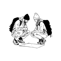 Two hikers squatting outdoors while reading a map, representing navigation, teamwork, and outdoor adventure.