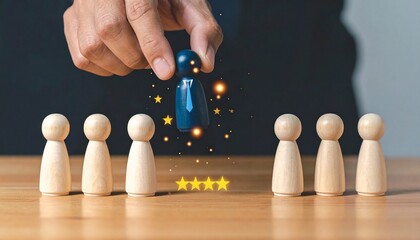 Business hand lifting glowing blue figure from beige row on red background.