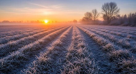 Sunrise over field rows with frosted grass and trees on horizon