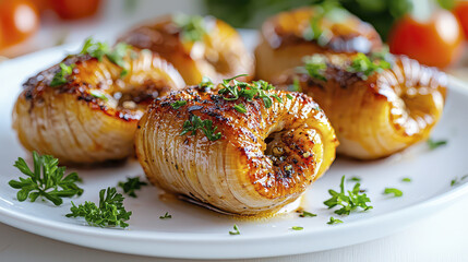 Delicious escargot served on white plate, garnished with fresh herbs, showcasing gourmet culinary presentation