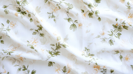 Faded floral fabric with delicate green leaves and soft yellow flowers creates serene and elegant atmosphere