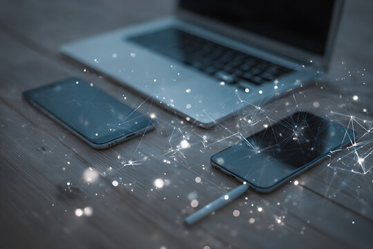 Digital network connecting devices and technology on a wooden surface, representing modern connectivity and innovation.
