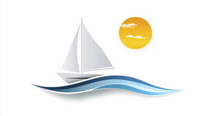 Flat graphic logo of sailboat on water with bright sun and clouds, conveying sense of tranquility and adventure