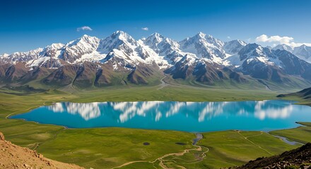 Serene Mountain Lake Reflection - Snow-Capped Peaks and Turquoise Waters.