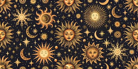 Seamless pattern with sun, moon and stars. illustration.