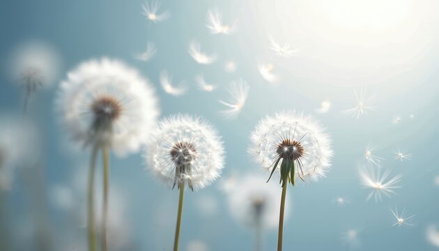 White dandelion seeds float in light blue sky against soft focus background. Blowball plants release fluff. Represents transition and new beginnings.