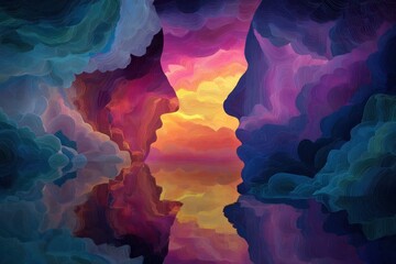 Emotive reflection of two faces in colorful clouds at sunset digital art abstract environment peaceful viewpoint