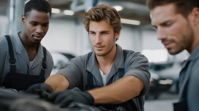 Mechanics in a busy garage collaborating on engine diagnostics illustrate teamwork, industrial skill, advanced tools, and the complexity of modern automotive repair and troubleshooting. cinematic